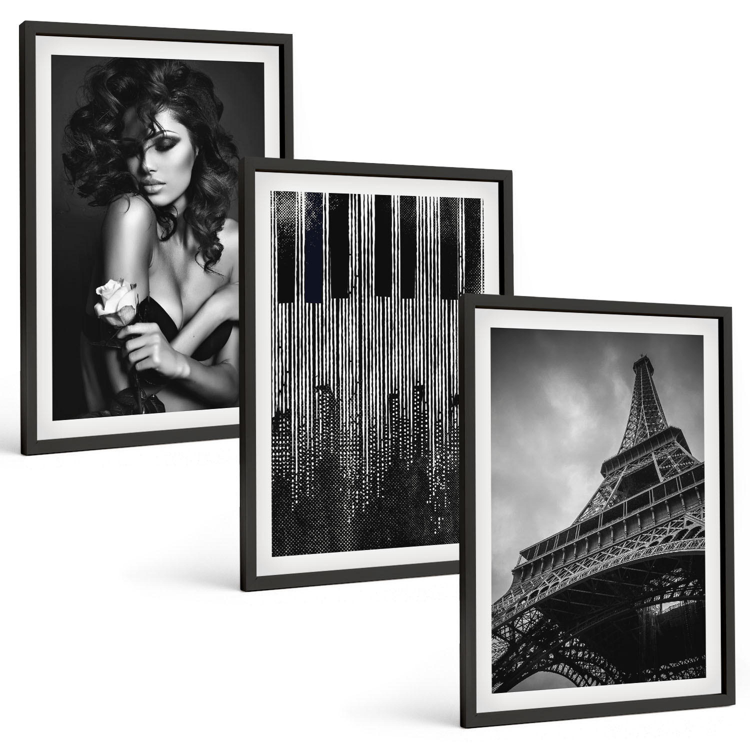 BILDER SET 3er Set - 40x60 cm Schwarzer Rahmen - Porträt einer Frau mit einer Eiffel-Rose - Schwarz, Kunststoff (40/60cm) - TULUP