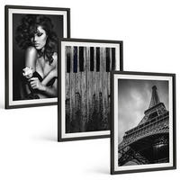 BILDER SET 3er Set - 40x60 cm Schwarzer Rahmen - Porträt einer Frau mit einer Eiffel-Rose - Schwarz, Kunststoff (40/60cm) - TULUP