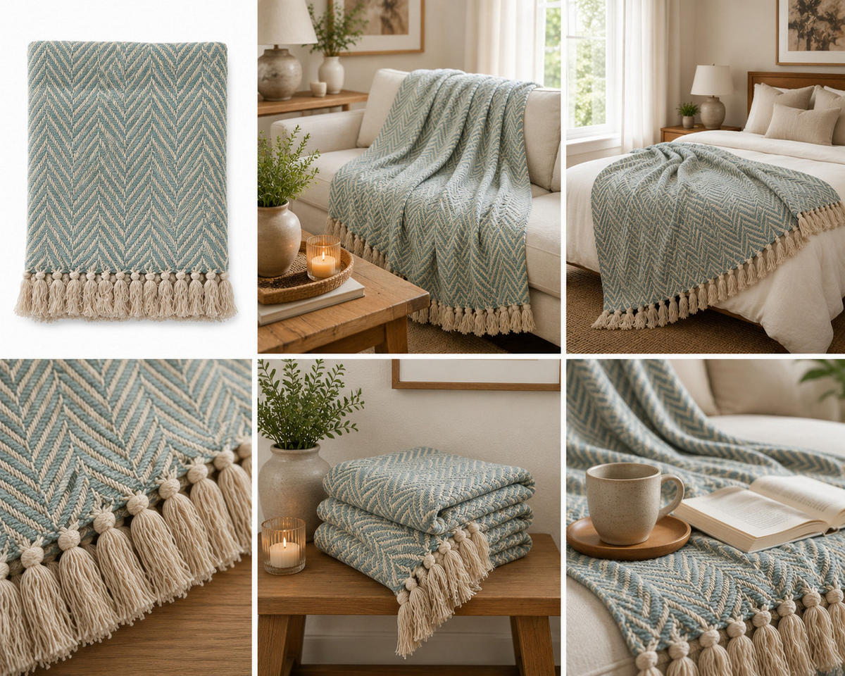 WOHNDECKE Baumwolle 130x180 cm Mit Fransen – Mint/Natural - Grün, Naturmaterialien (130/180cm) - AU Maison
