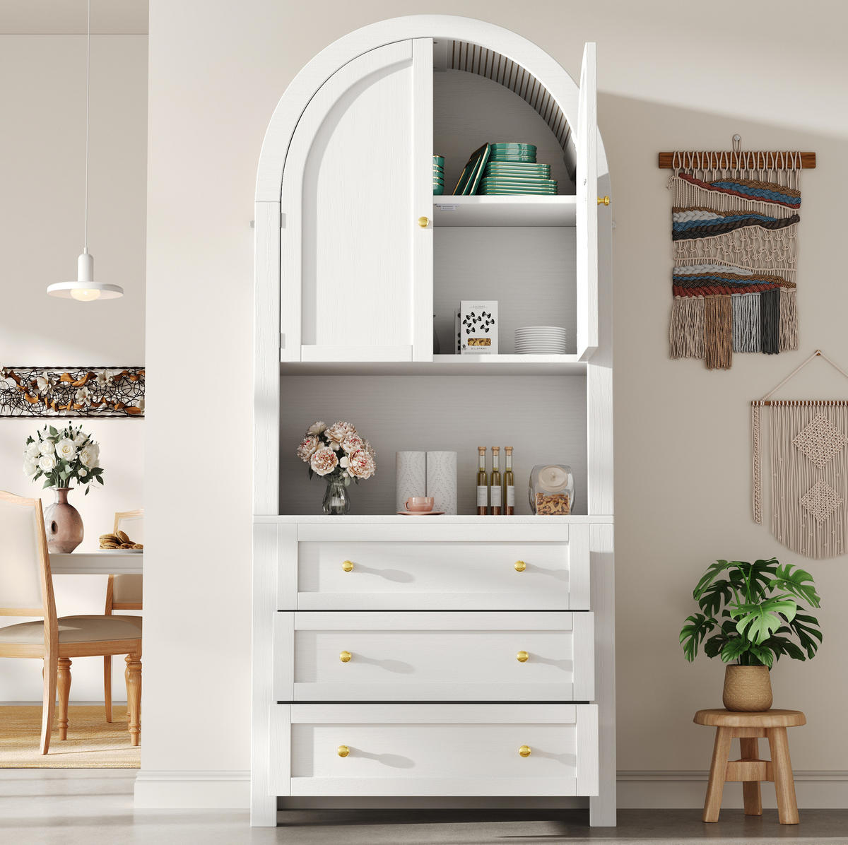 ANRICHTE Hochschrank 70/35/180 cm aus MDF mit 3 Schubladen und offenem Ausstellungsfach Weiß - Weiß, Holzwerkstoff (70/180/35cm) - Modenvie