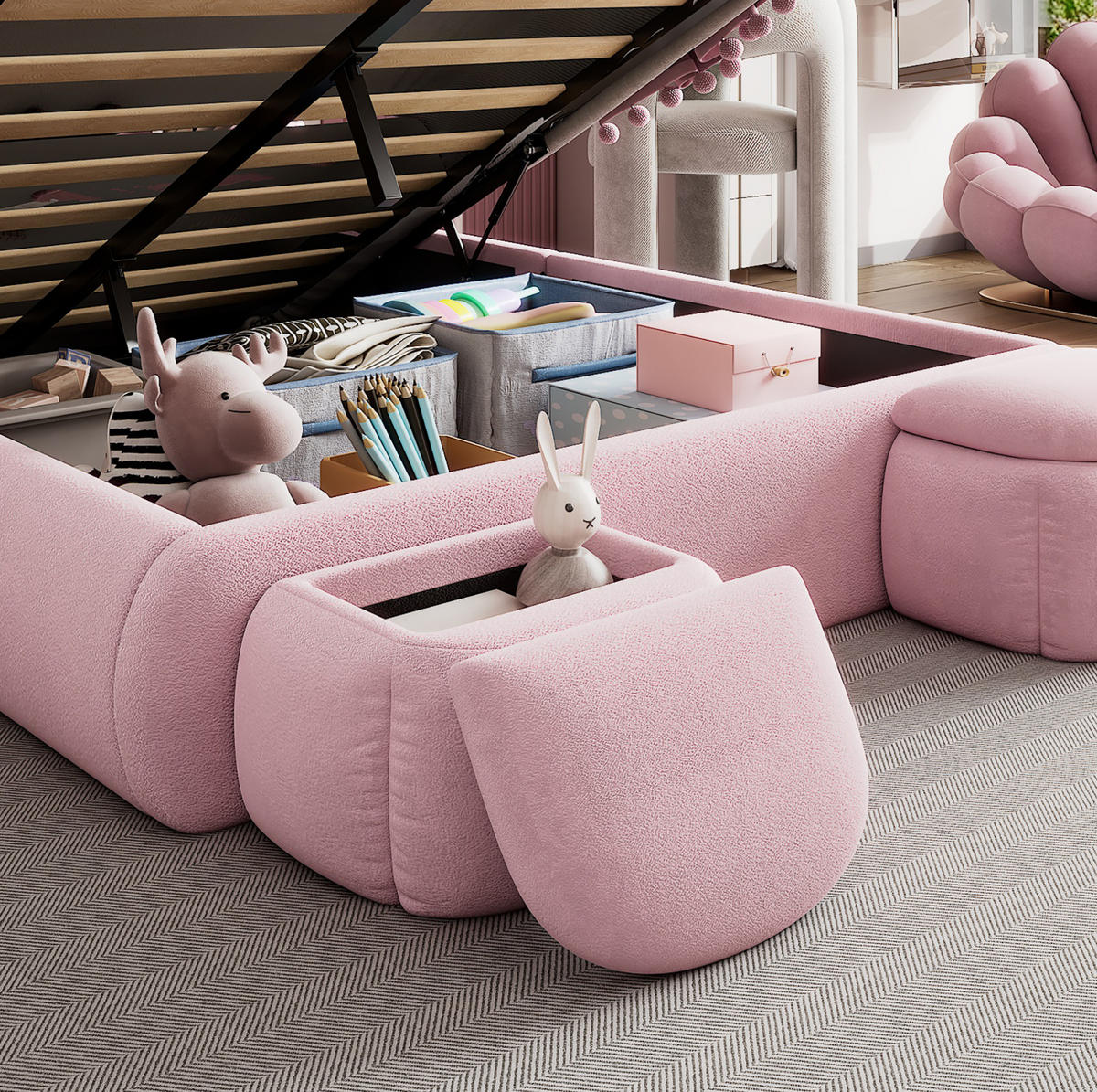 SAMT-POLSTERBETT 140/200 cm mit Bettkasten, LED und Hasenohren-Kopfteil - Rosa, Textil (140/200cm) - BEAOK
