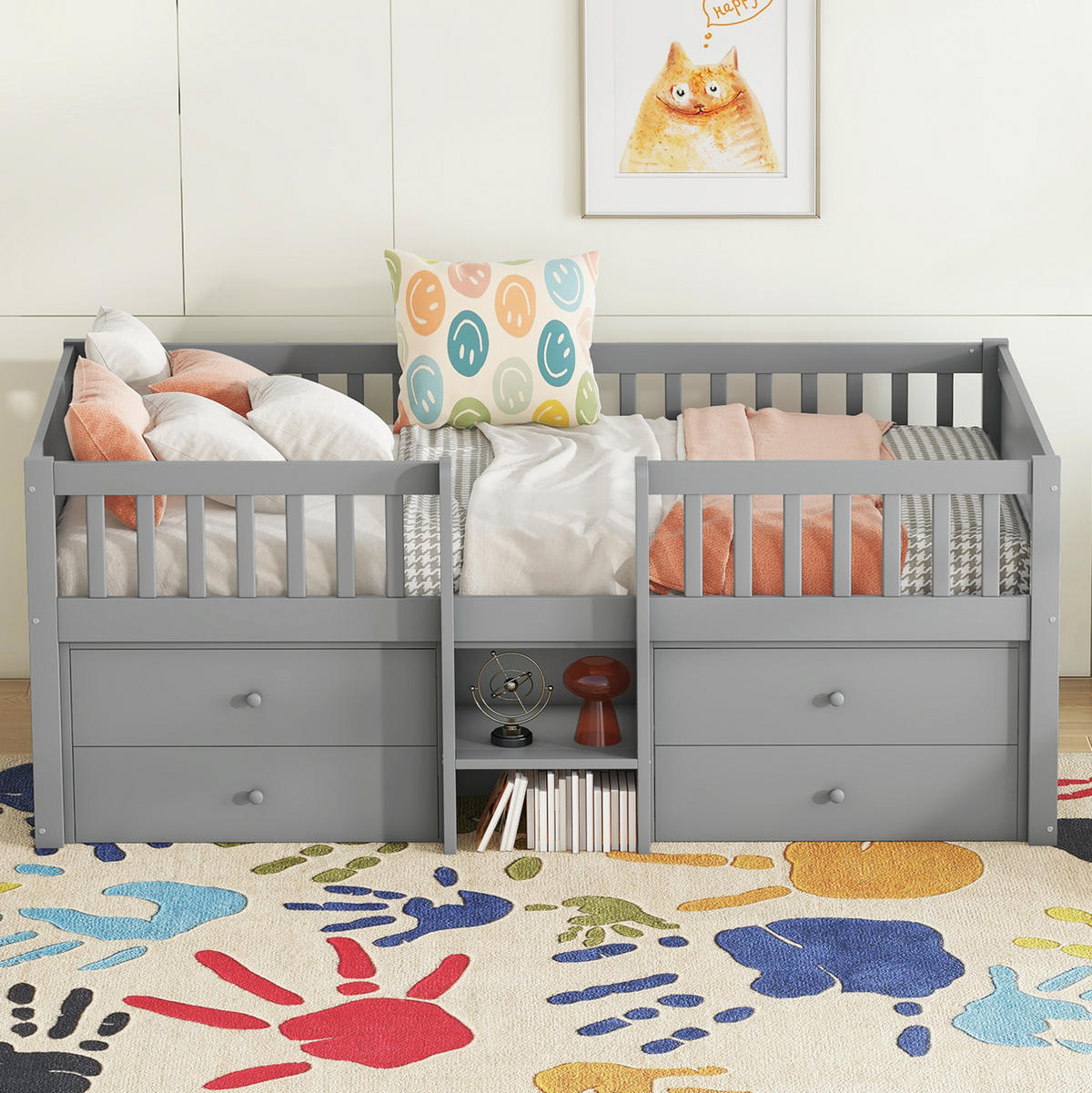 HOCHBETT 90/200 cm in Grau mit 4 Schubladen und Rausfallschutz - Grau, Holz (90/200cm) - BEAOK
