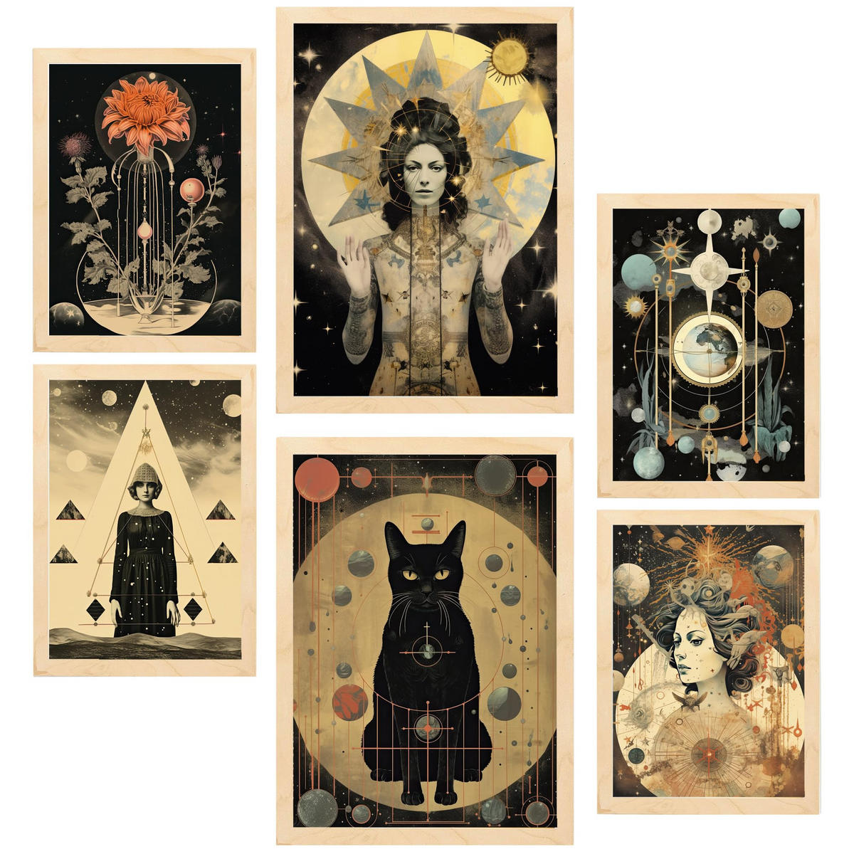 POSTER Set Mit 6 Mystischen Esoterischen Für Frauen A3 & A4 Rahmen Aus Hellem Holz - Beige, Papier (29/3cm) - Nacnic