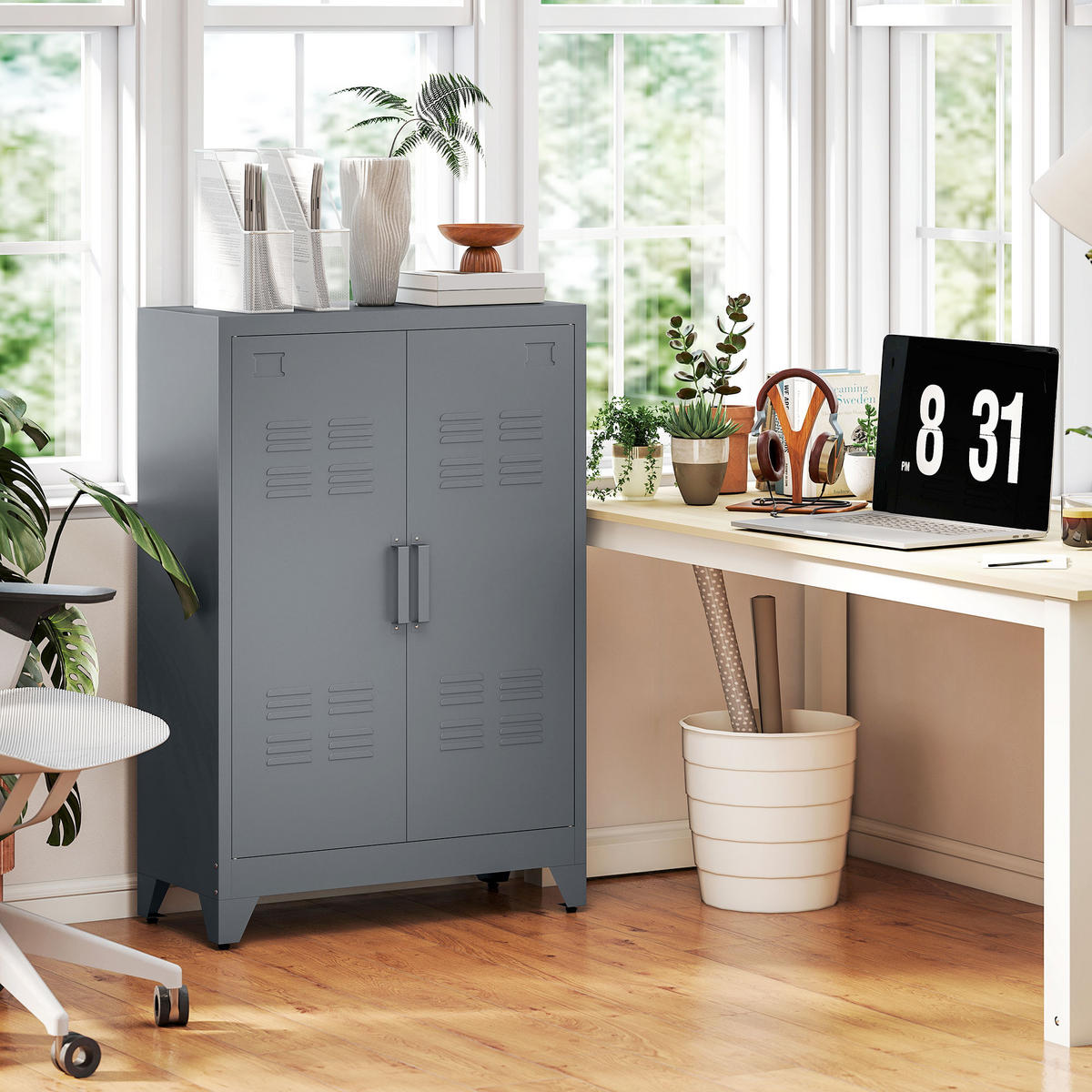 AUFBEWAHRUNGSSCHRANK Metallschrank mit magnetischer Lamellen-Doppeltür Grau - Grau, Metall (33/110/75cm) - HOMCOM