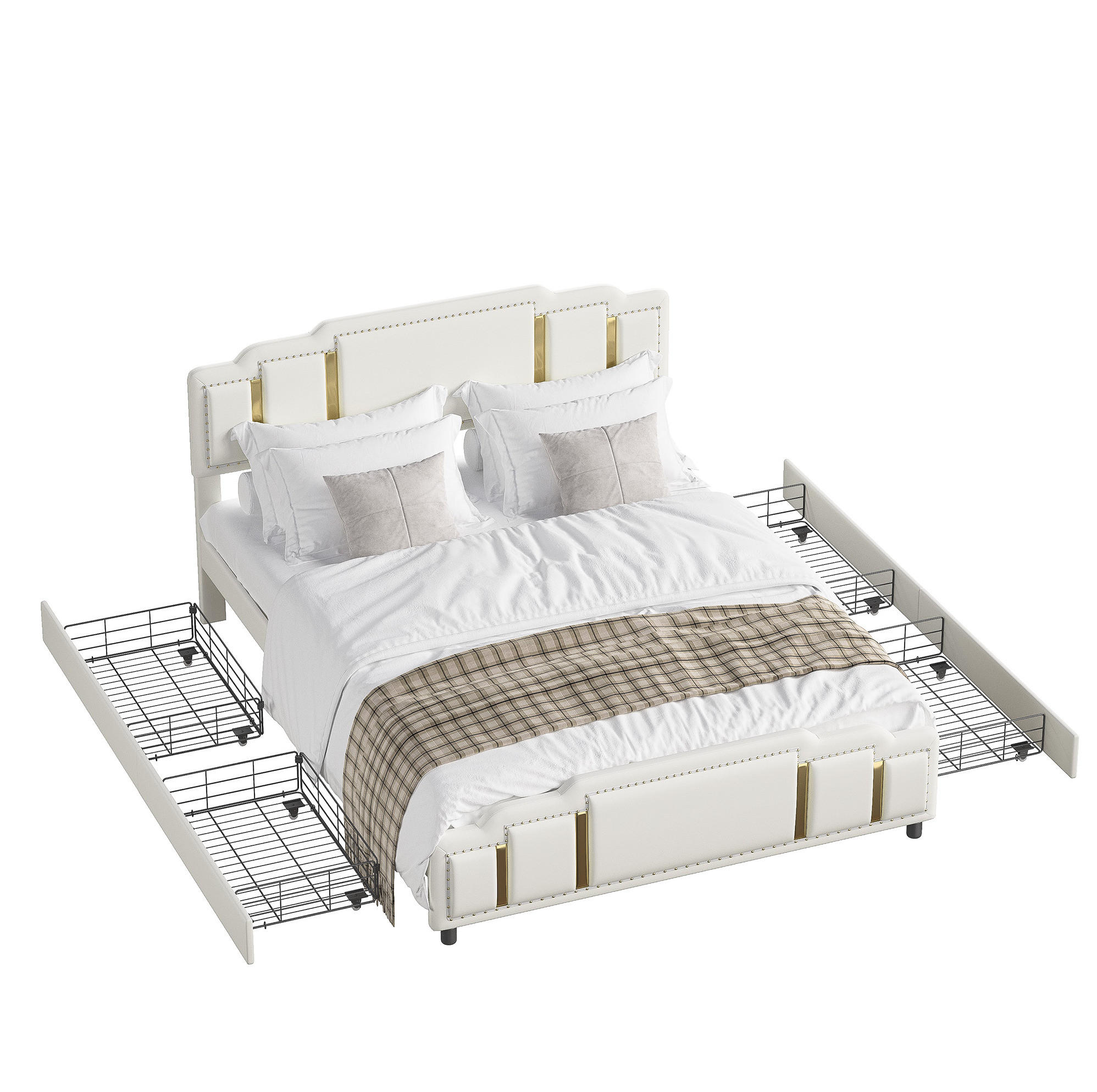 POLSTERBETT 160/200 cm mit 4 Schubladen, LED-Beleuchtung und Edelstahl-Zierleisten, Beige - Beige, Textil (160/200cm) - Redom