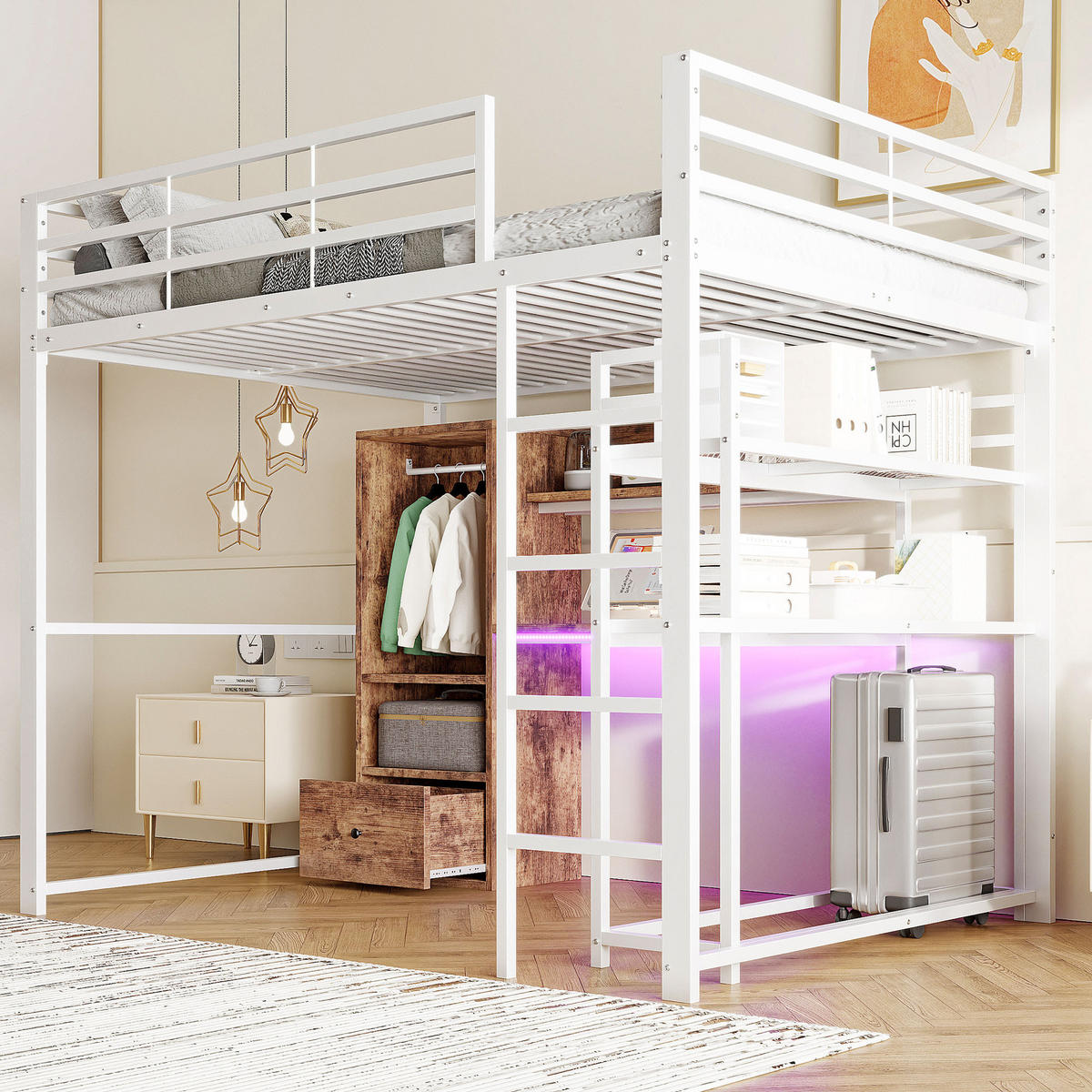 HOCHBETT 140/200 cm Weiß mit LED-Beleuchtung und Schreibtisch aus Metall und MDF - Weiß, Holzwerkstoff (140/200cm) - OKWISH