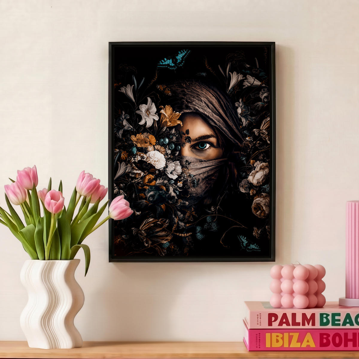 LEINWAND Bilder mit Rahmen - Frau - Luxus - Blumen - Schmetterling - Porträt - 30x40 - Schwarz, Textil (30/40cm) - MuchoWow