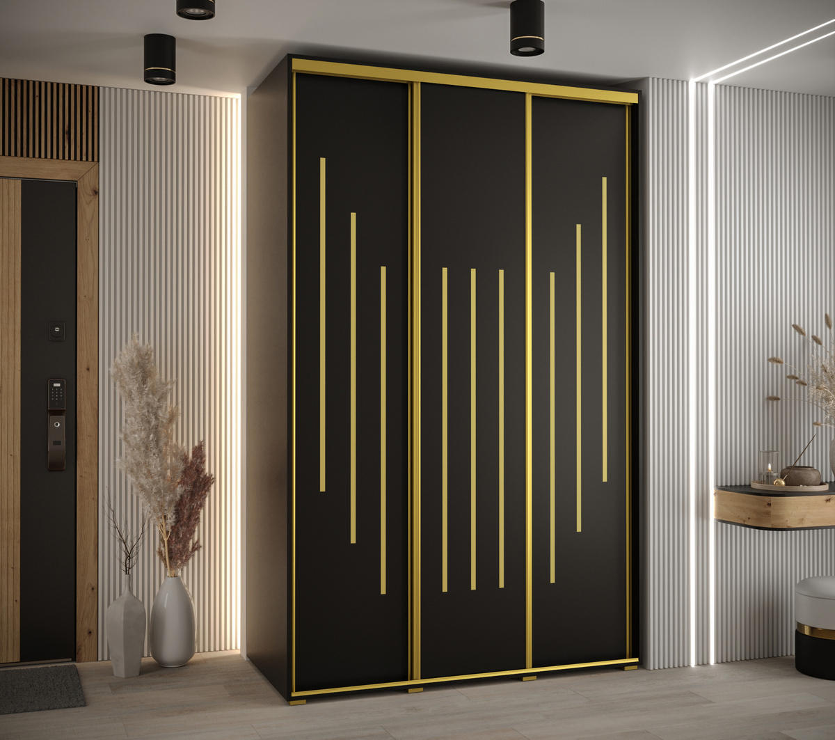 SCHWEBETÜRENSCHRANK 235,2/160/60 3-türig - Goldfarben/Schwarz, Holz/Metall (160/235/60cm) - Abiks Möbel