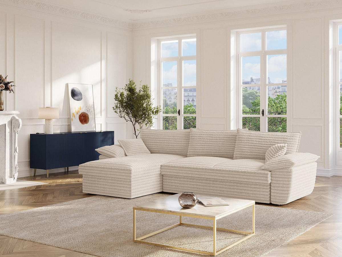 ECKSOFA mit Schlaffunktion - Ecke links - grob gerippter Cord - Beige - GUILLERMO - Beige, Textil (257/168cm) - Vente-Unique