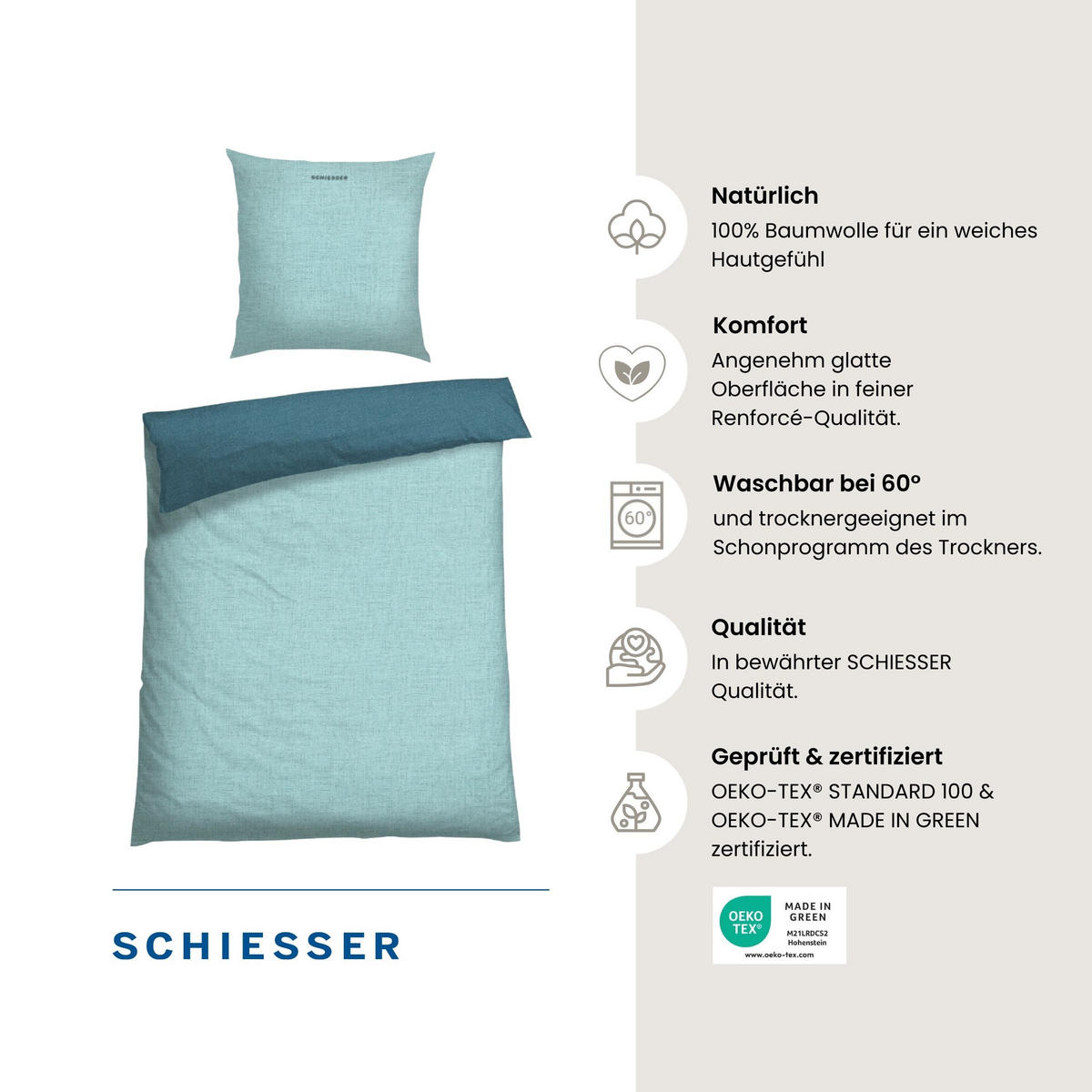 BETTWÄSCHESET Doubleface - Renforcé - 2-teilig - 135 x 200 cm - Türkis - Türkis, Textil (135/200cm) - SCHIESSER