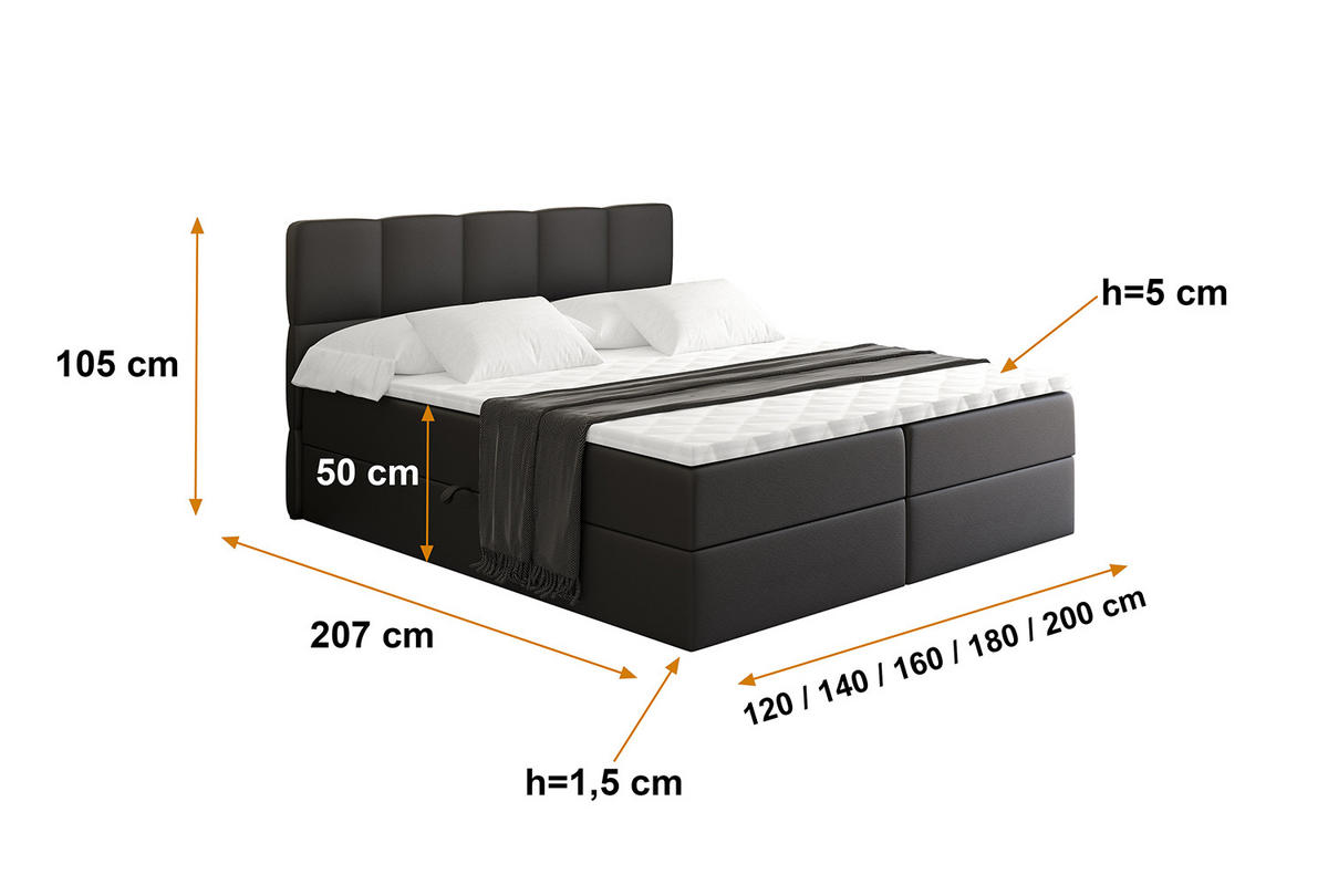 BOXBETT mit Matratze H4 und Lattenrost - LIRO - 140x200 - Schwarz Kunstleder - Schwarz, Holzwerkstoff/Kunststoff (140/200cm) - ALTDECOR
