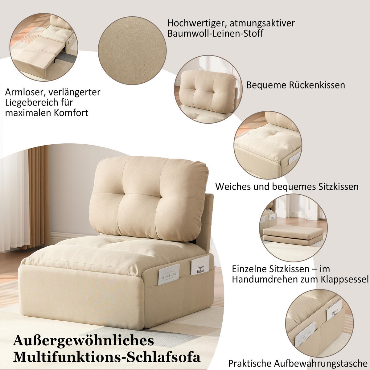 SCHLAFSOFA 92/81.5/90 cm Beige mit Aufbewahrungstasche - Beige, Textil (81.5/90/195cm) - Oxeza
