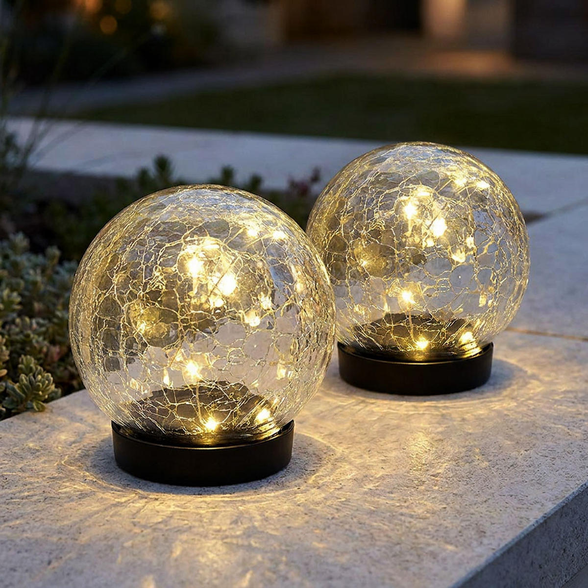 2X LED SOLARLEUCHTE Kugel Glas Klar Bruchglasoptik D 12 cm - Klar, Glas (12/12/12cm)