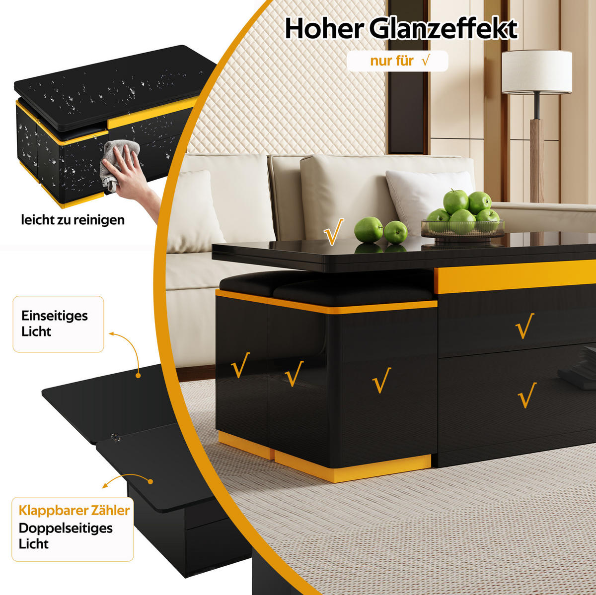 COUCHTISCH 100/50/43 cm aus MDF mit Klapp- und Hebefunktion, Stauraum und 4 Hockern, Schwarz/Gelb - Schwarz, Holzwerkstoff (100/50/43cm) - Redom