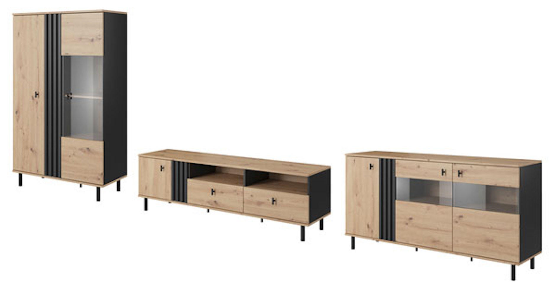 WOHNZIMMER-SET Madis sand grange eiche / anthrazit 3-teilig - Braun, Holz/Holzwerkstoff (420.3/148.8/40cm) - Feldmann-Wohnen