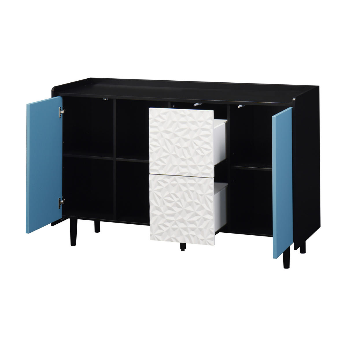 SIDEBOARD aus MDF 40x120x80 cm Schwarz/Blau mit 2 Schubladen, offenem Stauraum und Schranktür in modernem Design - Schwarz, Holzwerkstoff (120/80/40cm) - Modfu