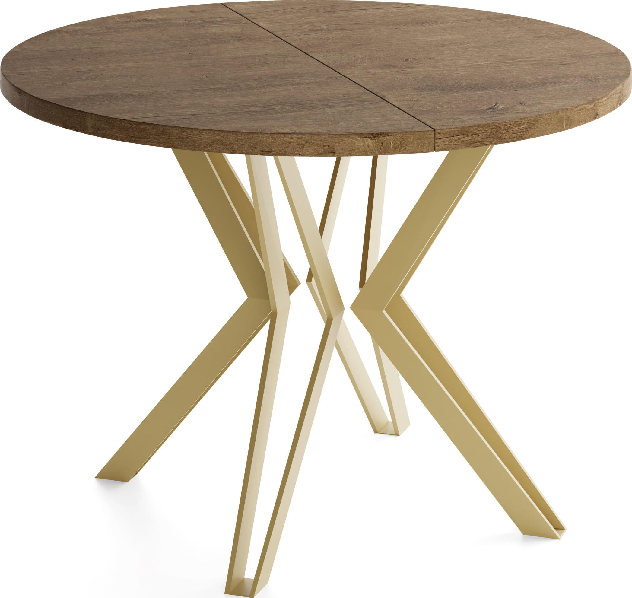ESSTISCH Daisy runder ausziehbarer, Lefkas Eiche 120-200/100/76 cm - Alteiche/Goldfarben, Holzwerkstoff/Metall (120/200/76cm) - WFL GROUP