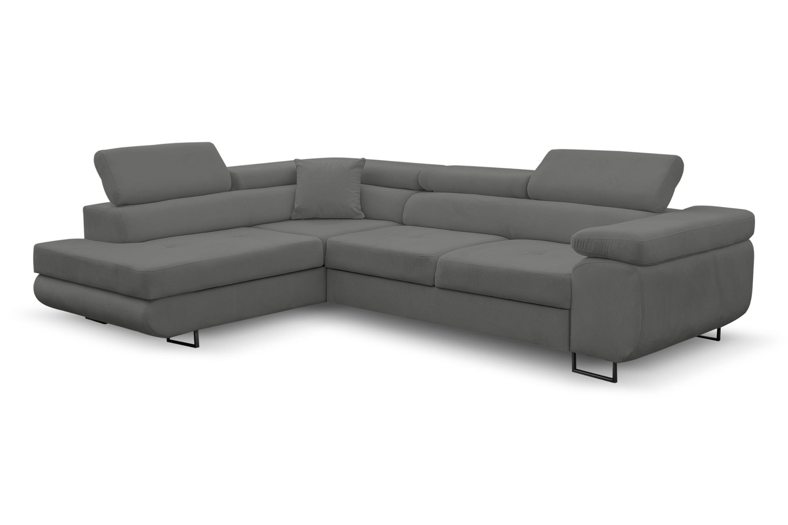 ECKSOFA Jerry in L-Form mit Schlaffunktion und Bettkasten, Farbe: Grau, Veloursstoff, Ottomane Links - Grau, Textil (202/275cm) - VENASI MÖBEL