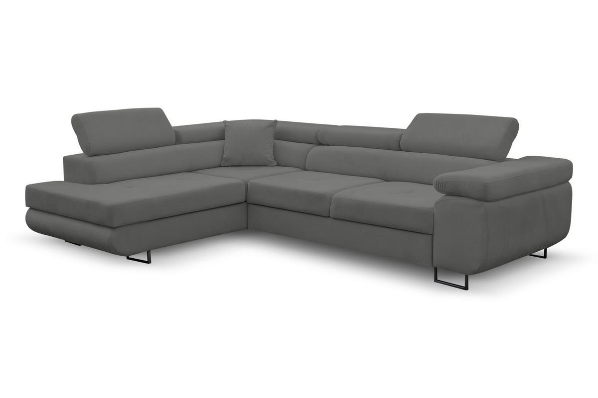 ECKSOFA Jerry in L-Form mit Schlaffunktion und Bettkasten, Farbe: Grau, Veloursstoff, Ottomane Links - Grau, Textil (202/275cm) - VENASI MÖBEL