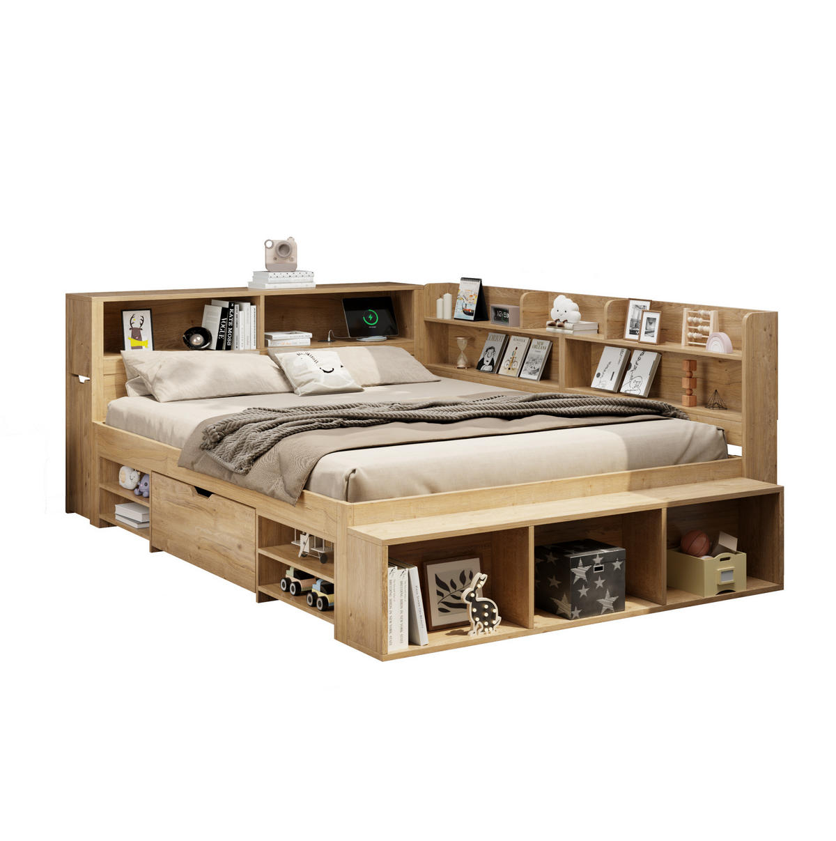 KINDERBETT 140/200 cm aus Sperrholz mit Stauraum und Lattenrost in Natur - Naturfarben, Holzwerkstoff (140/200cm) - BEAOK