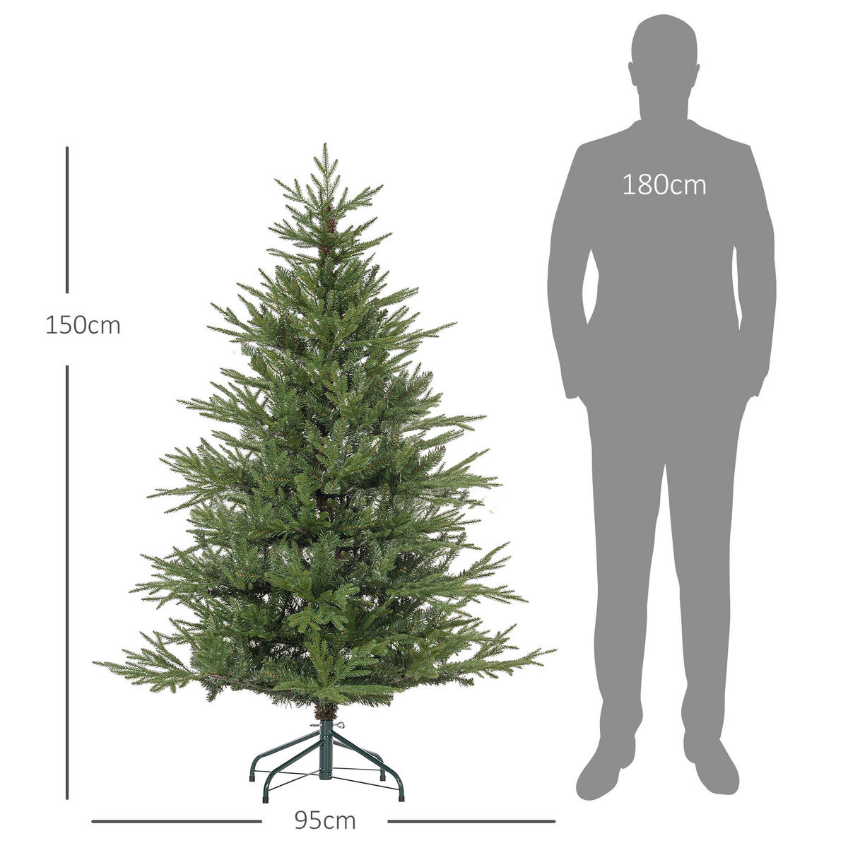 KÜNSTLICHER Weihnachtsbaum, 150 cm Christbaum mit 1724 Spitzen, Metallständer - Grün, Kunststoff (150cm) - HOMCOM