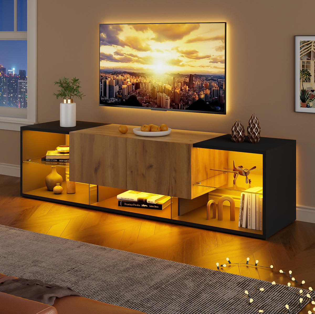 TV-ELEMENT mit LED und 2 Schubladen 160 cm Schwarz Natur - Schwarz, Holzwerkstoff (40/42/160cm) - Beauniv