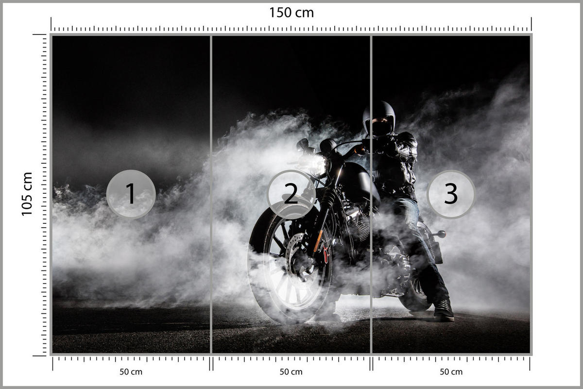 FOTOTAPETE für Jugendzimmer Motorrad Nebel Mann Straße Rauch Sport Action 150x105 - Schwarz/Weiß, Papier (150/105cm) - Muralo