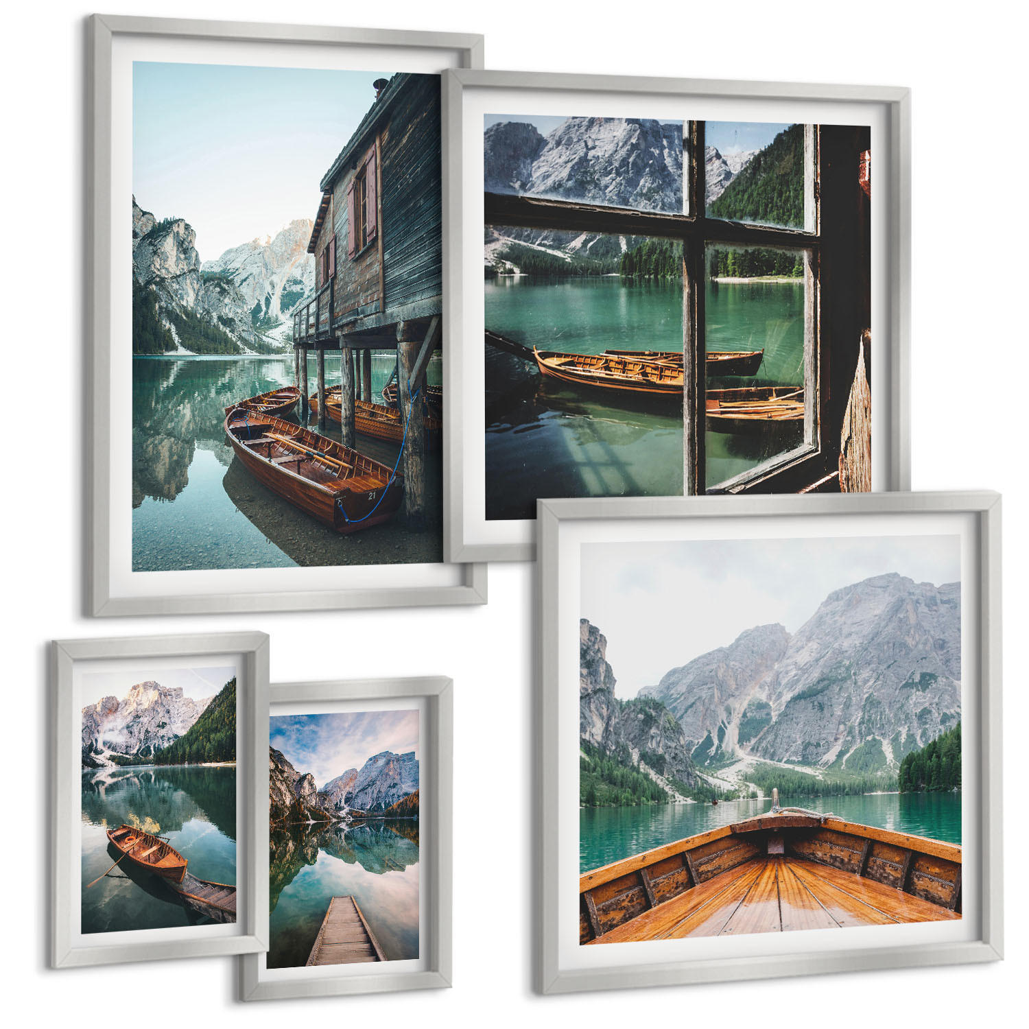 BILDER SET 5er Set - 50x50 cm & 20x30 cm & 40x60 cm Silberner Rahmen - Haus am Bergsee Łódź - Silberfarben, Kunststoff (40/60cm) - TULUP