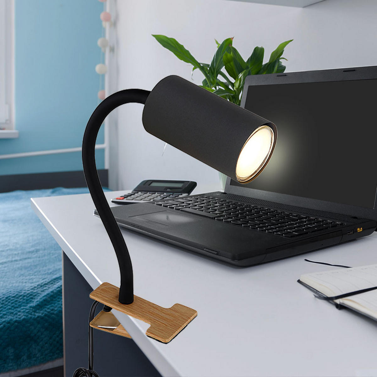 TISCHLEUCHTE Holzoptik Schwarz Flexibler Arm - Schwarz, Metall (29/10/41.5cm) - Globo Lighting