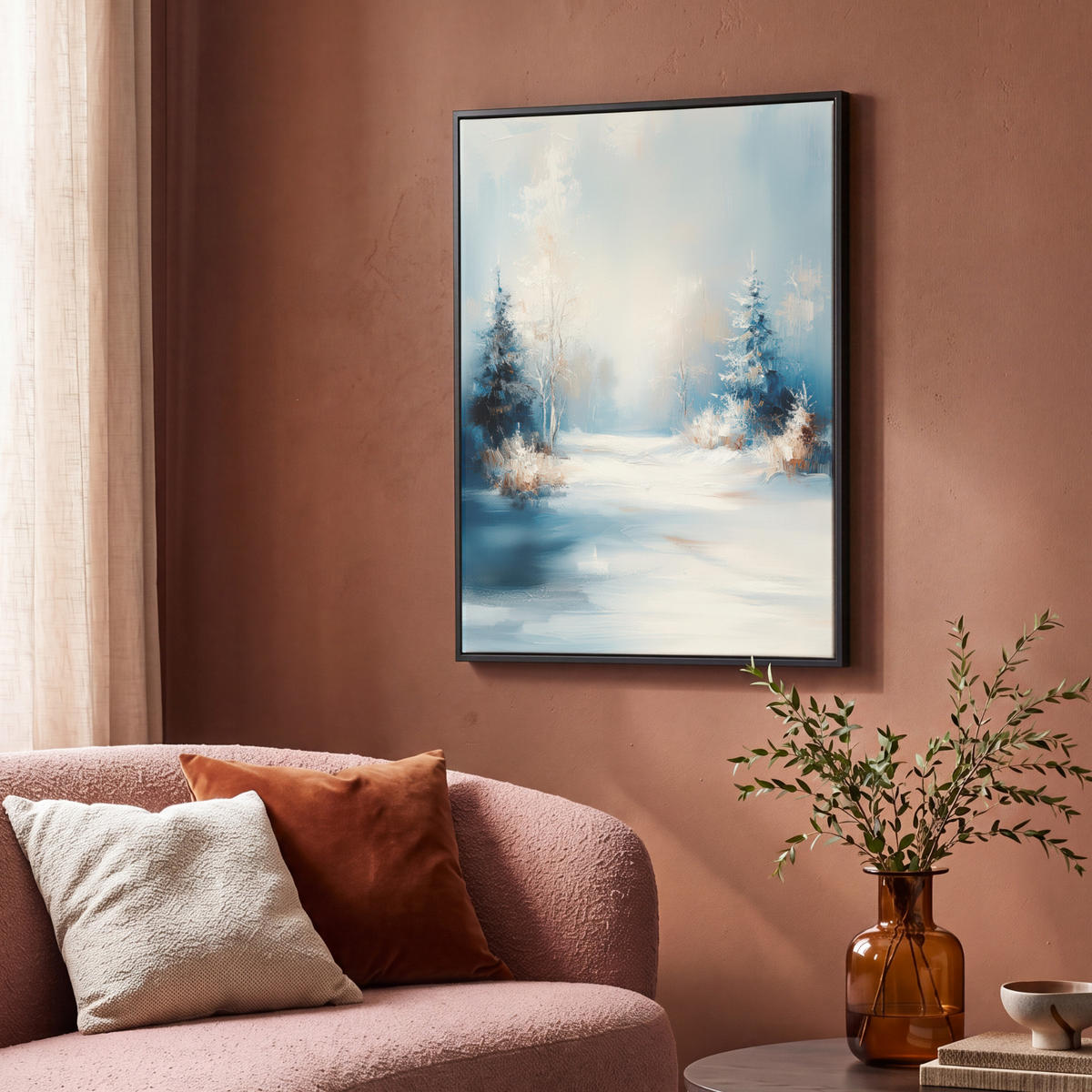 LEINWAND Bilder mit Rahmen - Wald – Winter – Natur – Abstrakt – Schnee - 70x100 - Weiß, Textil (70/100cm) - MuchoWow