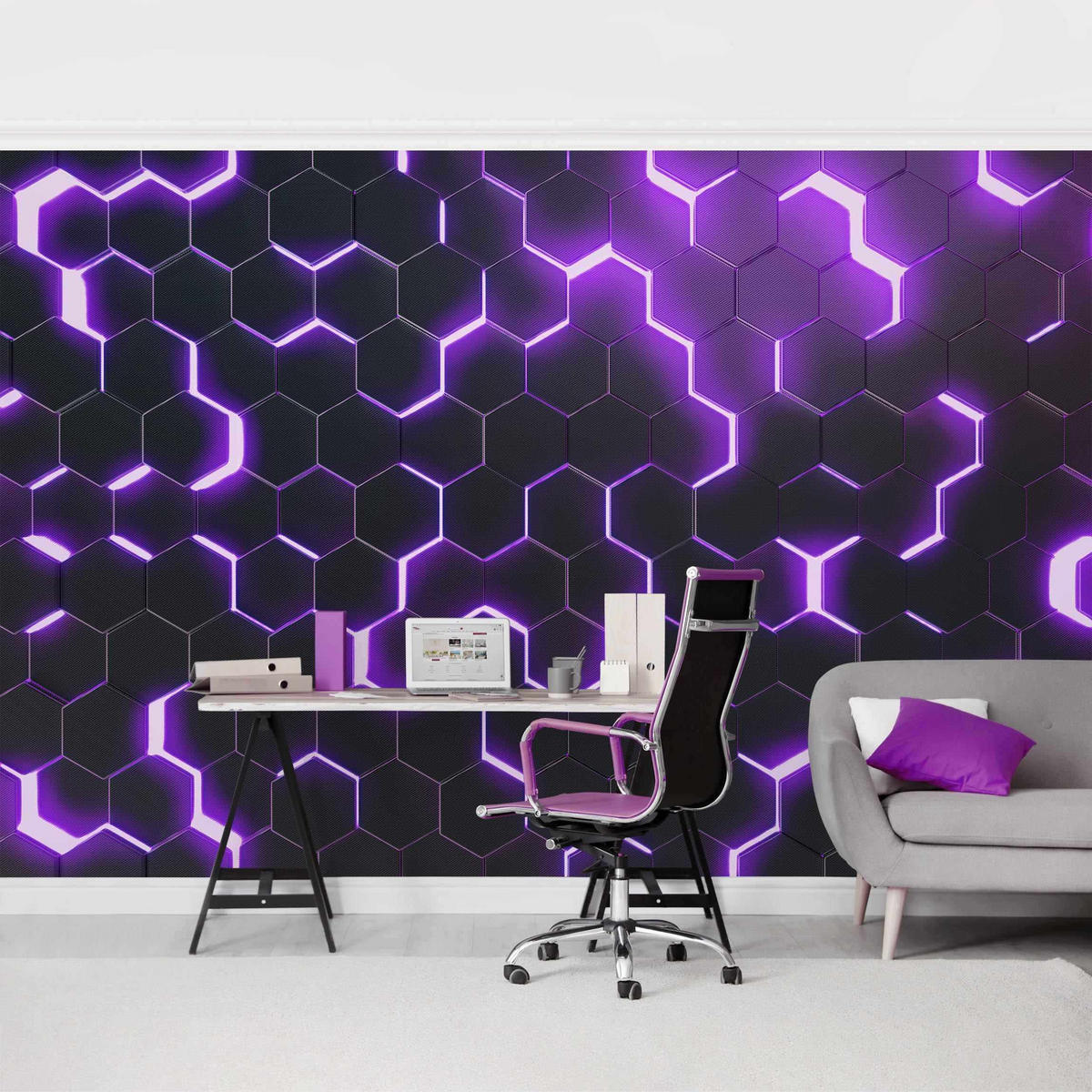 FOTOTAPETE Strukturierte Hexagone mit Neonlicht in Lila 384/255 cm - Schwarz, Papier (384/255cm) - Bilderwelten