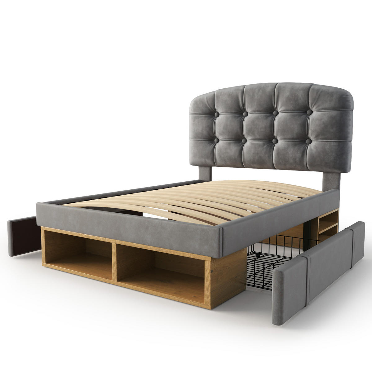 POLSTERBETT 90/200 cm in Grau Samt mit Schubladen, Regal und verstellbarem Kopfteil - Grau, Holzwerkstoff/Textil (90/200cm) - CHICFURN