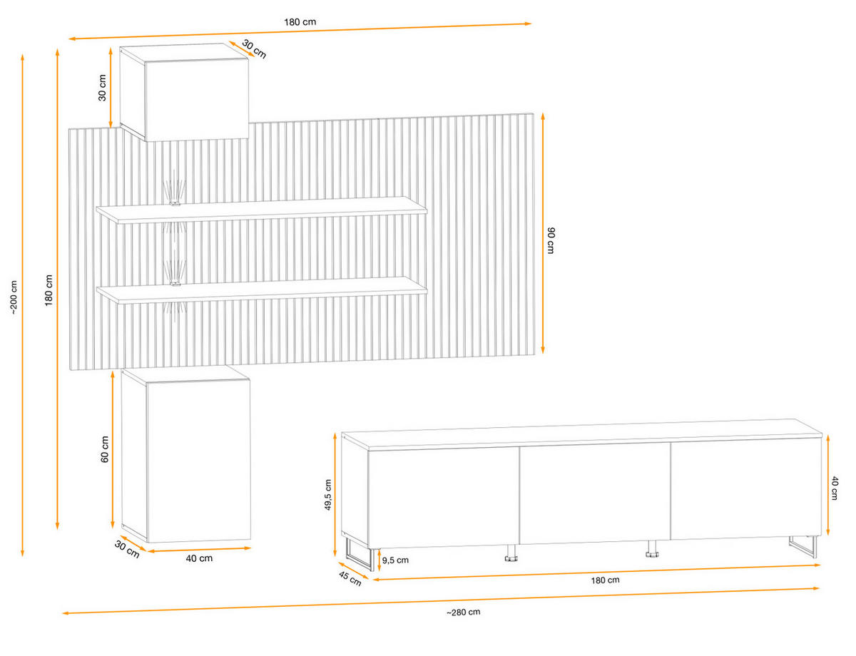 WOHNWAND 4-teilig Sand matt, Eiche Artisan 280 cm, Schrankwand hängend inklusive LED Beleuchtung - Sandfarben/Schwarz, Holzwerkstoff/Kunststoff (280/200/45cm) - Furn.Design