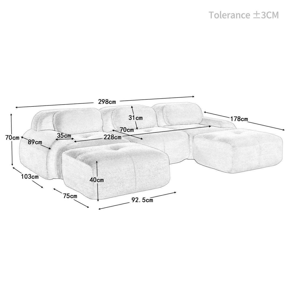 3-SITZER Sofa 298x178x75 cm aus Cordstoff modular ohne Gestell, braun - Braun, Textil (178/75/298cm)