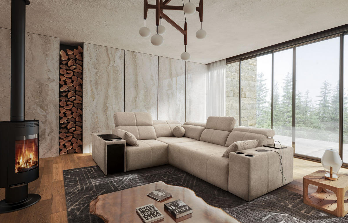 ECKSOFA Mit Schlaffunktion USB Und Verstellbarer Rückenlehne Mindy II KaltesBeige Links - Creme, Holz/Textil (219/288cm) - Kaiser Möbel