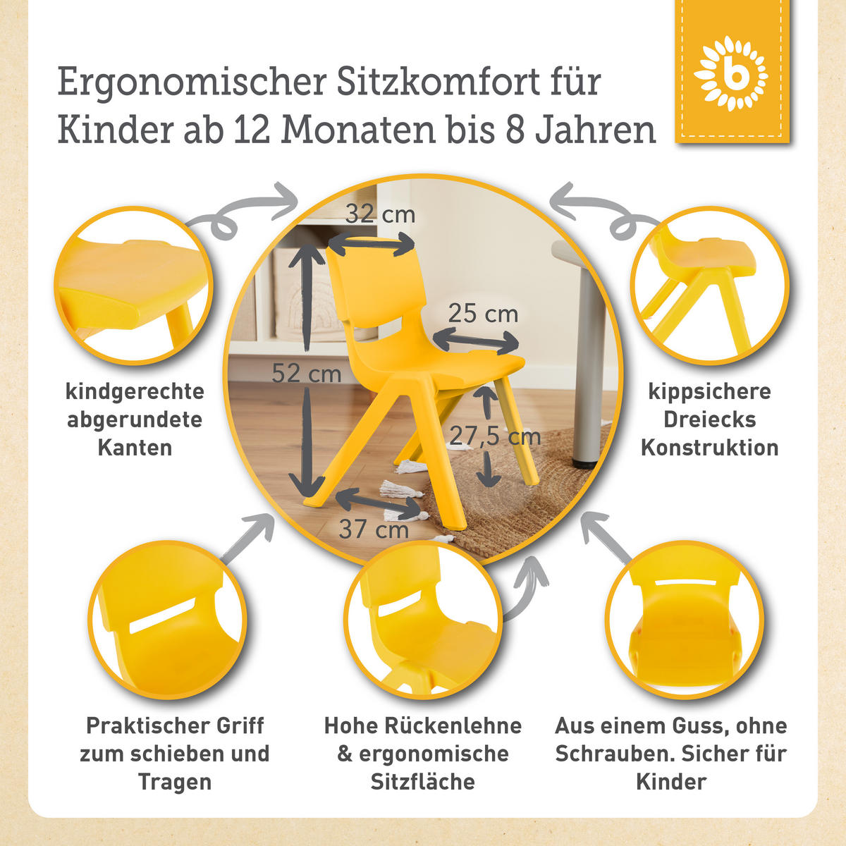 KINDERSTUHL bis 80 kg belastbar - ab 12 - Gelb, Kunststoff (34/51.5/36cm) - Bieco Spielwaren