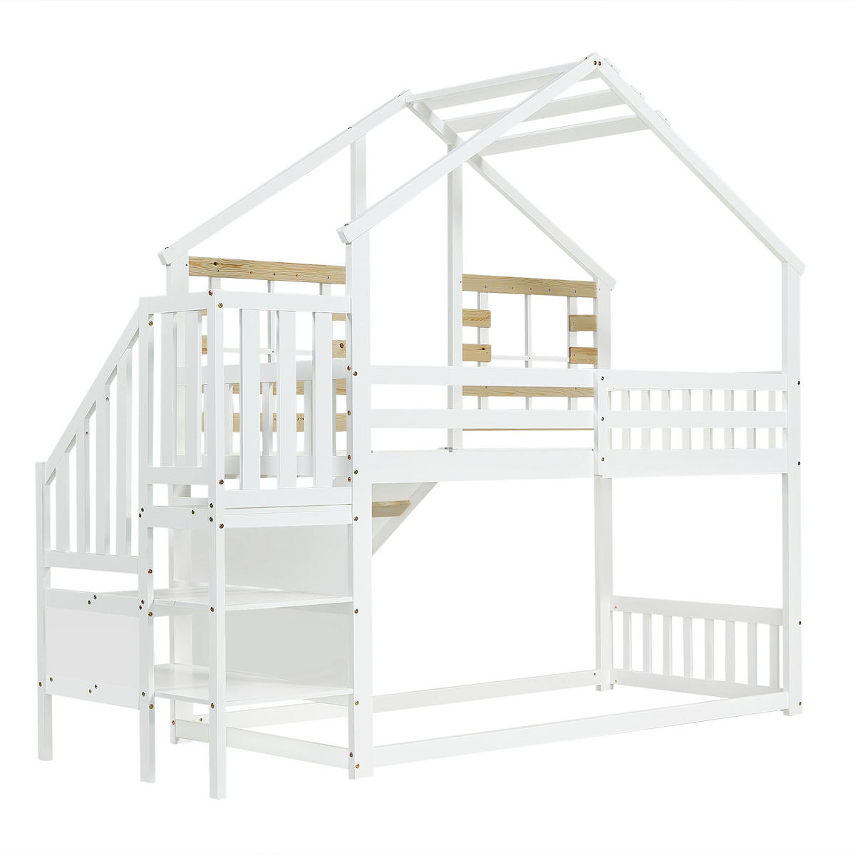 ETAGENBETT 90/200 cm in Weiß & Natur mit Rutsche, Fenster und Treppe Massivholz Blockhaus-Design - Weiß, Holz (90/200cm) - STILVORA