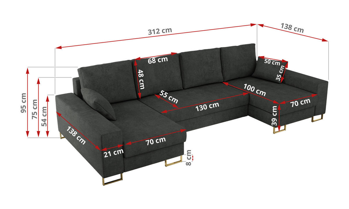 WOHNLANDSCHAFT DORIAN U Struktur Dunkelgrau - Dunkelgrau/Goldfarben, Textil/Metall (312/95/138cm) - MKS
