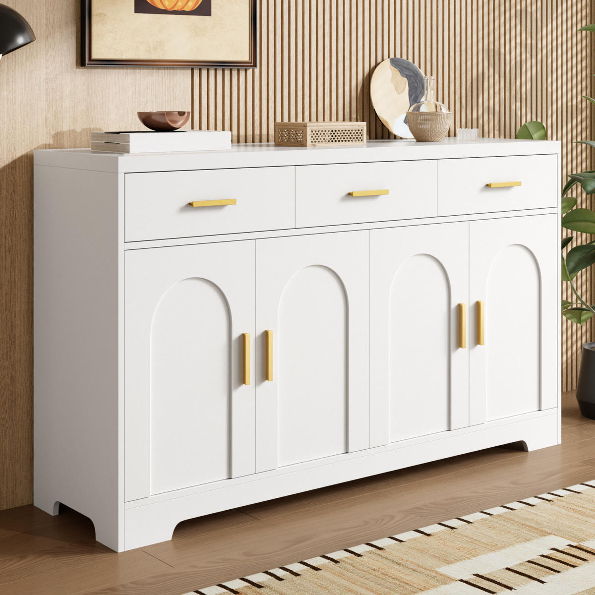 SIDEBOARD 140 x 40 x 83 cm, 4 Bogentüren, 3 Schubladen, verstellbare Böden, Goldgriffe, Weiß - Weiß, Holzwerkstoff (140/83/40cm)