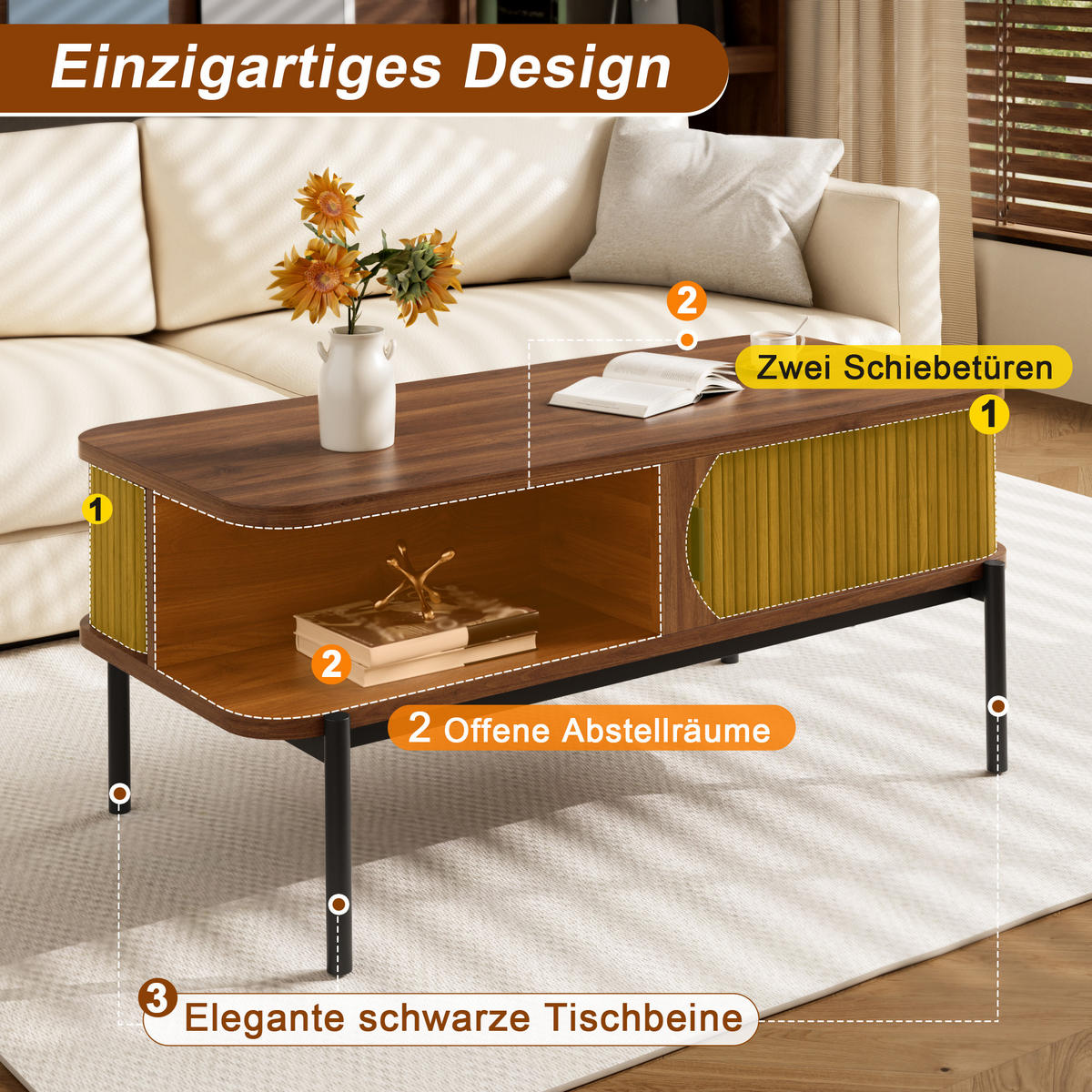 COUCHTISCH 100x45x43cm mit Stauraum und Schiebetüren - Walnussfarben, Holzwerkstoff (45/100/43cm) - FLIEKS