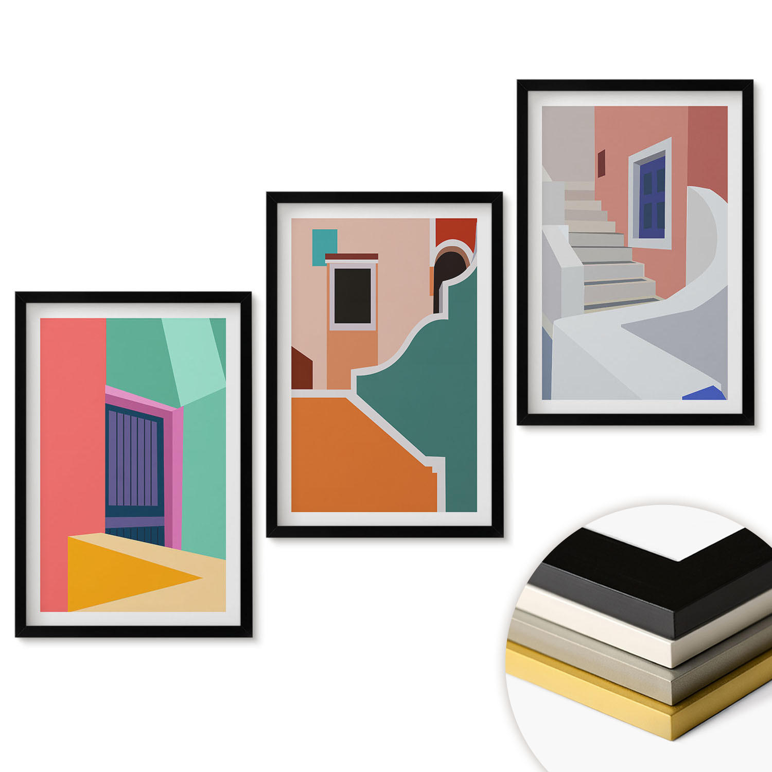 WANDBILDER 3er-Set - 40x60 cm Schwarzer Rahmen - Farbenfrohe Illustrationen von Gebäuden - Schwarz, Kunststoff (40/60cm) - ArtPrintCave