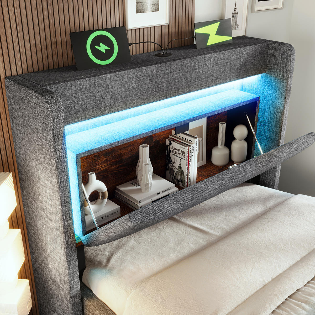 POLSTERBETT 90/200 cm Grau aus Leinen mit Stauraum und LED - Grau, Textil (90/200cm) - OKMYHOME