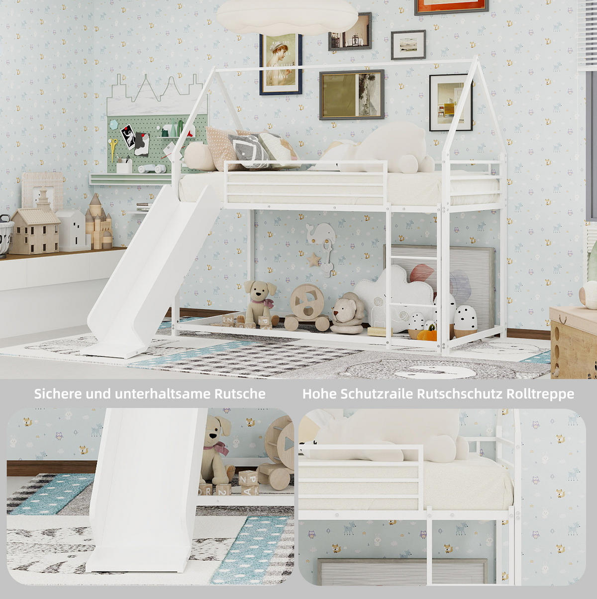 ETAGENBETT Hausdesign 90/190 cm Weiß mit Rutsche und Treppe - Weiß, Metall (90/190cm) - MIVRAY
