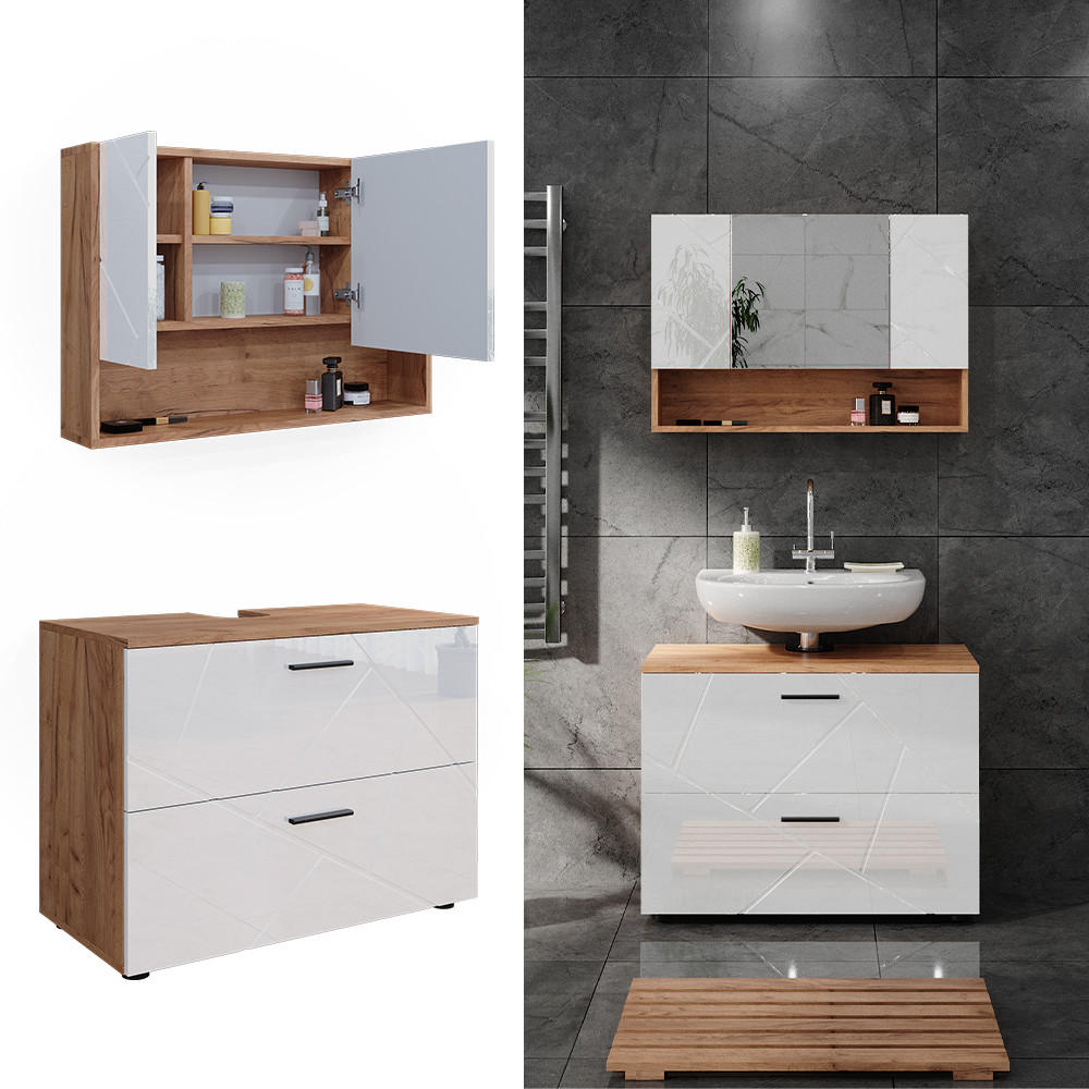 BADMÖBEL-SET Irma Weiß Hochglanz/Goldkraft Eiche 2 Teile Unterschrank 80 cm - Honigeiche/Weiß Hochglanz, Holzwerkstoff (80/58.6/41cm) - Vicco