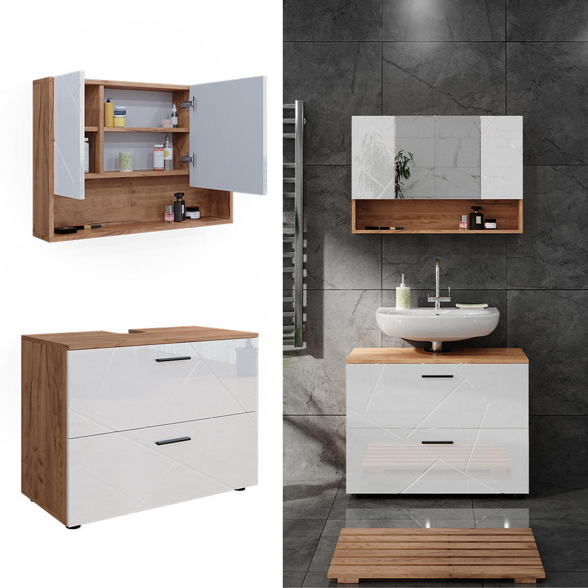 BADMÖBEL-SET Irma Weiß Hochglanz/Goldkraft Eiche 2 Teile Unterschrank 80 cm - Weiß Hochglanz/Eiche Wotan, Holzwerkstoff (80/58.6/41cm) - Vicco