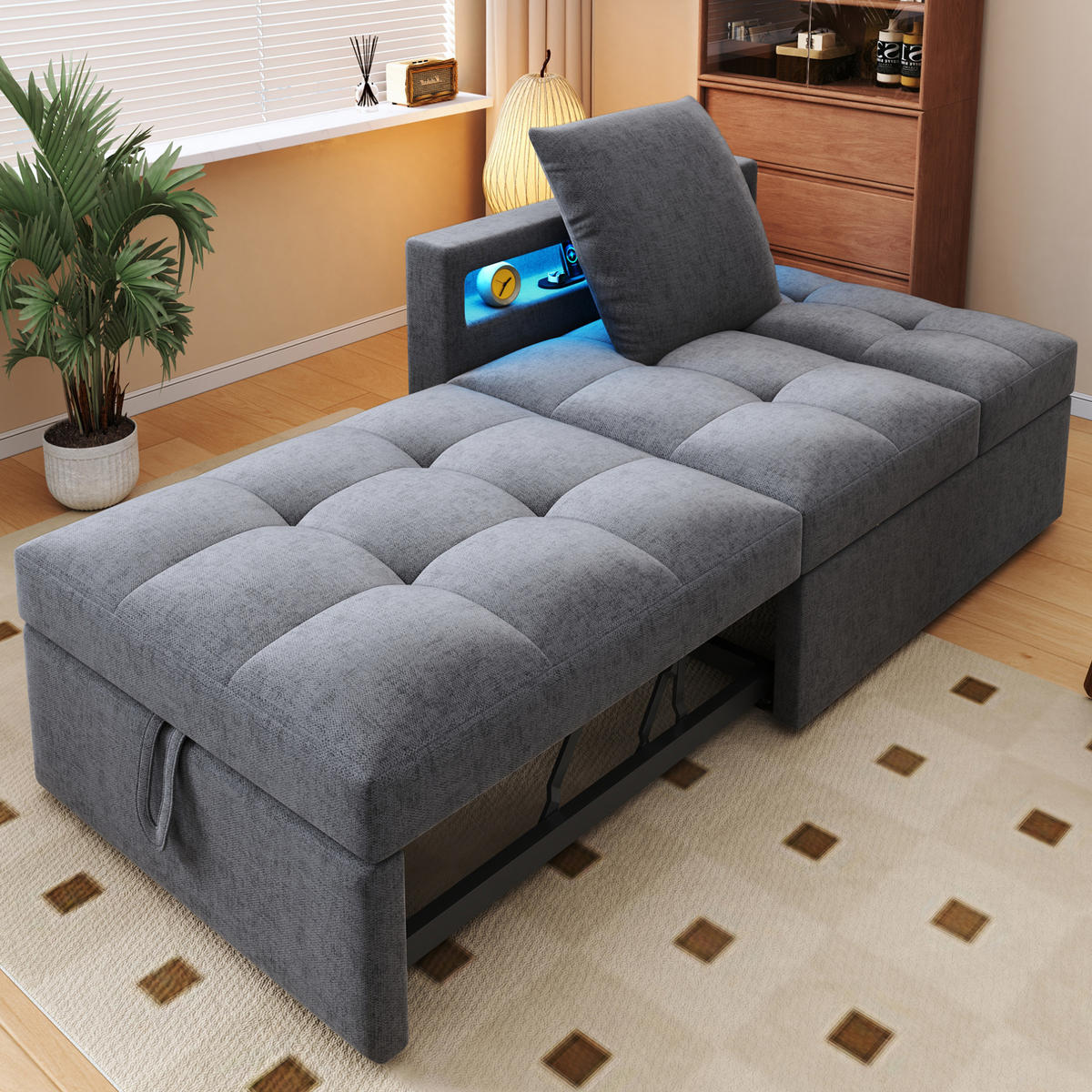 SCHLAFSOFA 3-in-1 Leinenstoff mit USB-Anschluss und LED Hellgrau 177/68/65 cm - Hellgrau, Textil (68/65/177cm) - Redom