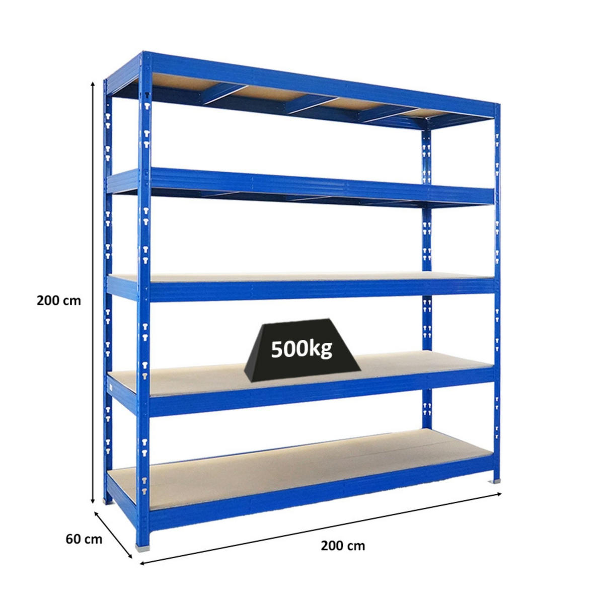 SCHWERLASTREGAL Rhino 200x200x60 cm 5 Spanplatten-Ebenen 8mm Fachlast 500 kg Blau - Blau, Metall (200/200/60cm) - PROREGAL