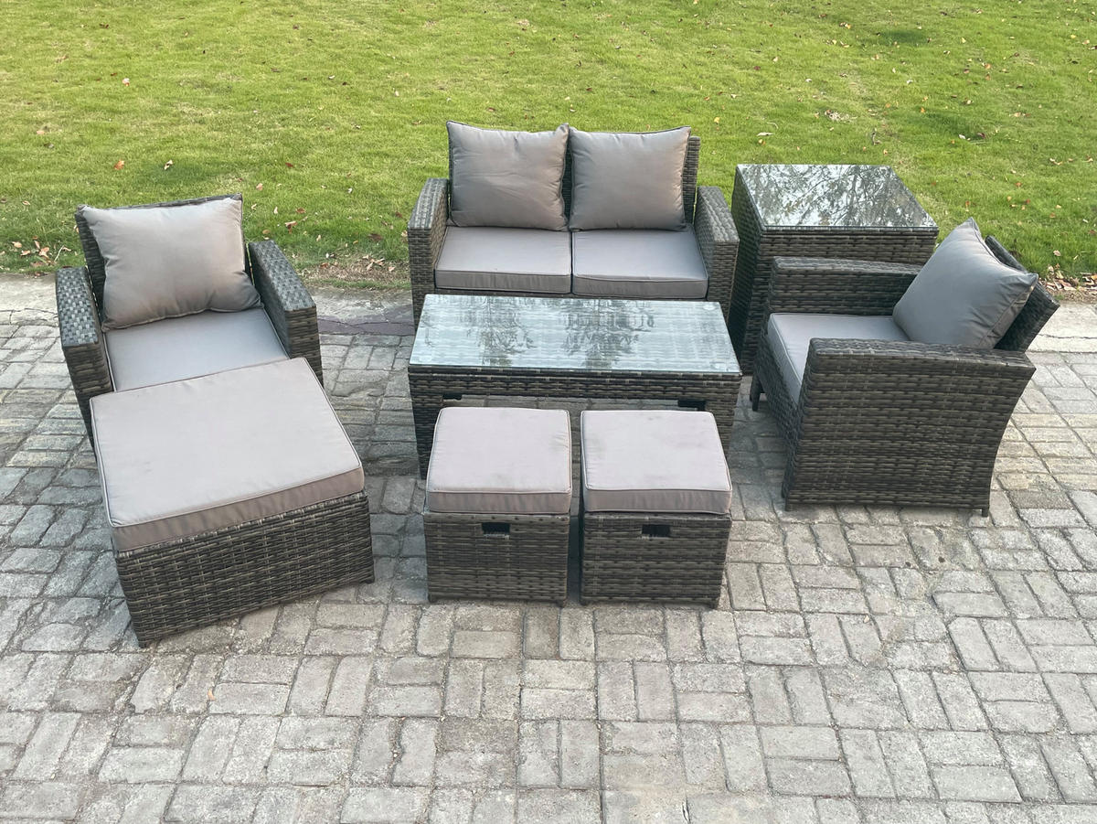 GARTEN-SOFA-SET MIT COUCHTISCH 3 HOCKER BEISTELLTISCH Polyrattan Dunkelgrau Gemischt 7-Sitzer - Dunkelgrau, Metall - Fimous