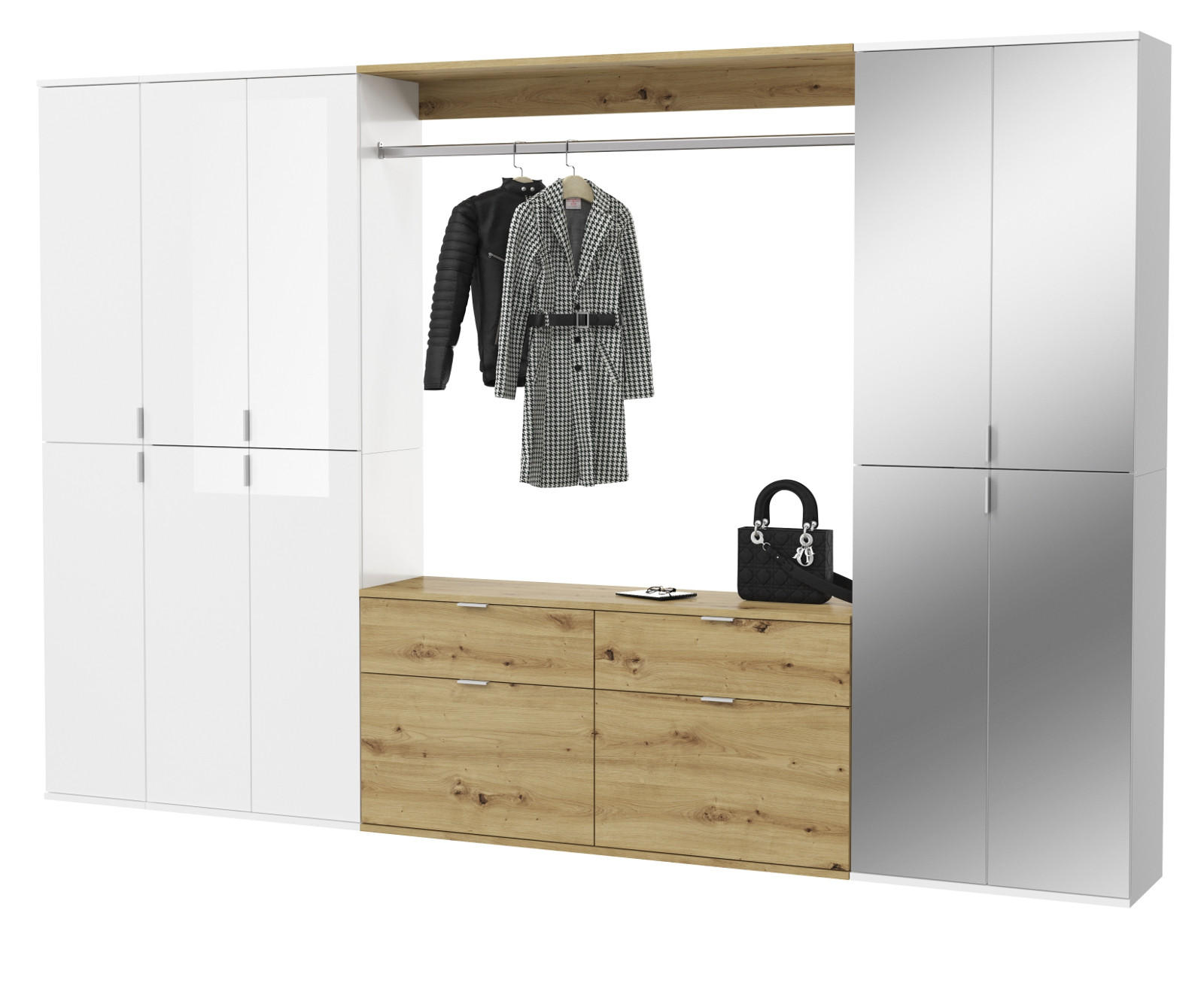 GARDEROBENSCHRANK weiß Hochglanz, Eiche 273 cm, Komplettset mit Spiegel - Weiß Hochglanz/Eiche Artisan, Holzwerkstoff/Metall (273/193/34cm) - Inn.Furn