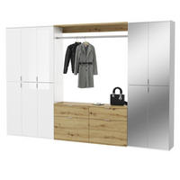 GARDEROBENSCHRANK weiß Hochglanz, Eiche 273 cm, Komplettset mit Spiegel - Weiß Hochglanz/Eiche Artisan, Holzwerkstoff/Metall (273/193/34cm) - Inn.Furn